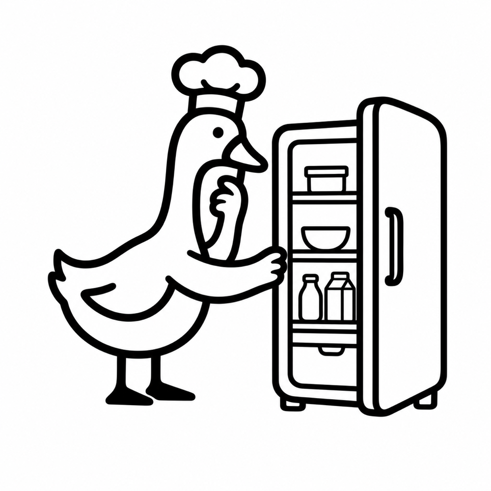 Honk peering thoughtfully into an open fridge